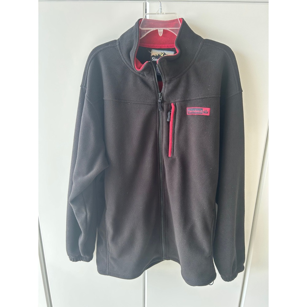 SierraWest Mens Large Full Zip Fleece Jacket Black Red Mock Neck RN 64776 Hiking